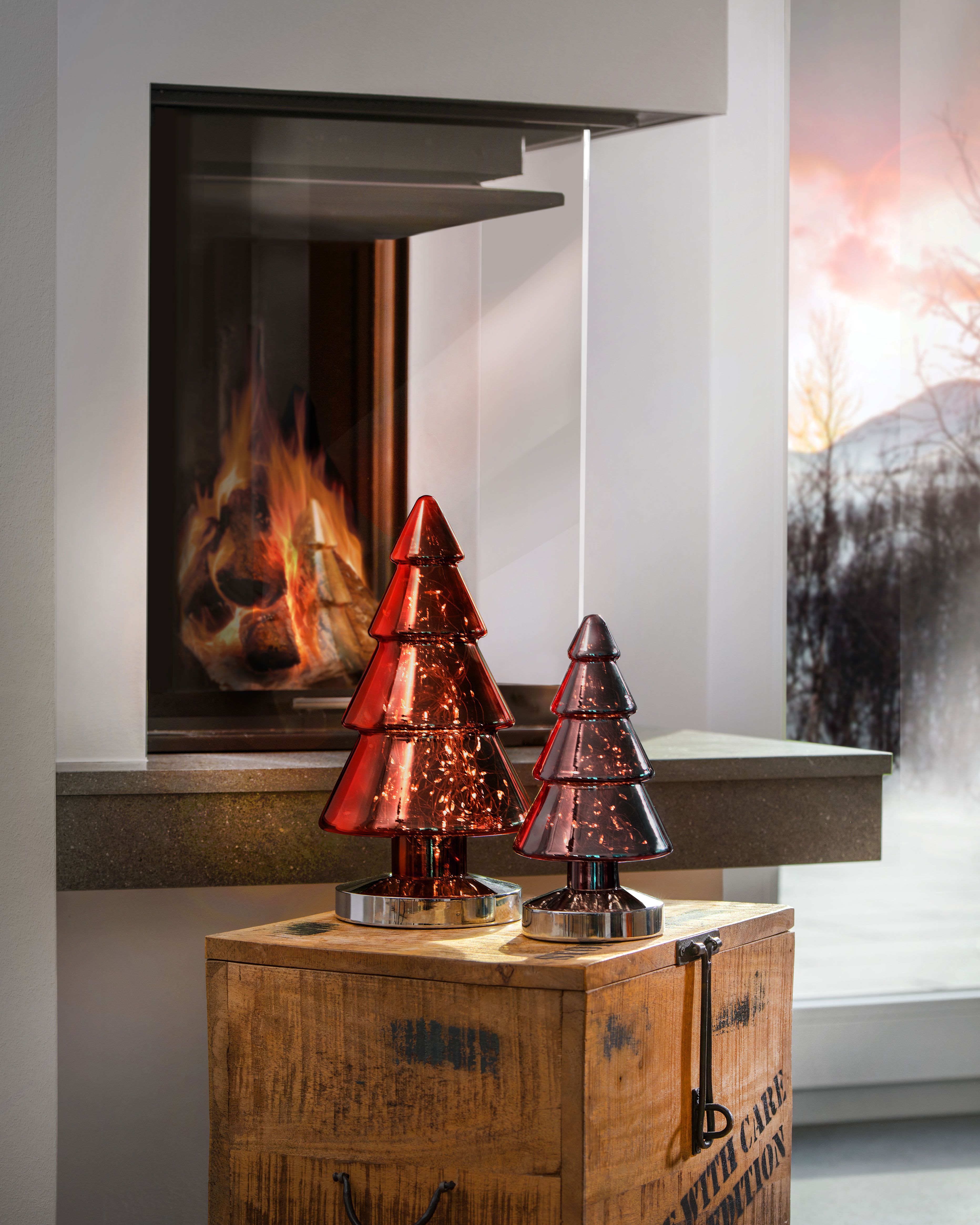 Sompex glazen rode kerstboom H 26 cm met LED lampjes