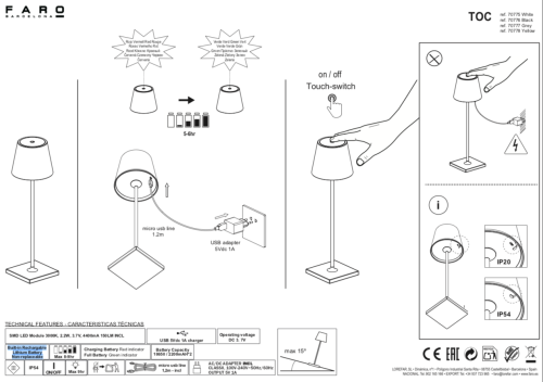 Faro TOC LED tafellamp voor buiten grijs 39 cm (draadloos/oplaadbaar)